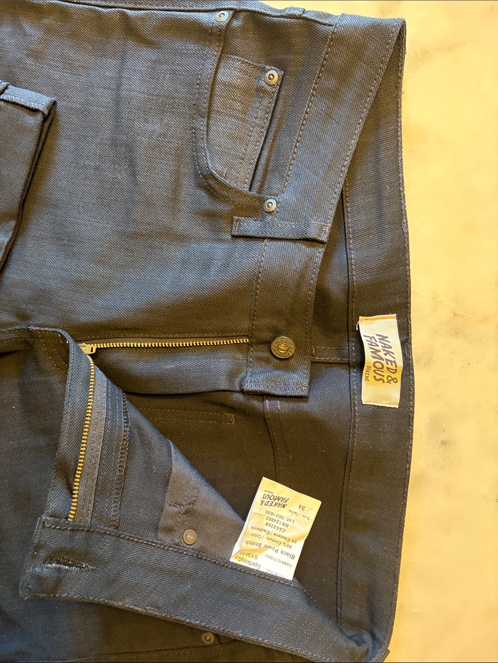 Naked & Famous Denim: Super Guy Black Power Stretch. Size 34